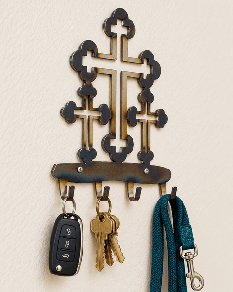 Handcrafted Cross Key Rack – Unique Heat-Treated Wood Hook Organizer | Made in USA Wall Decor Knights Home Decor  item
