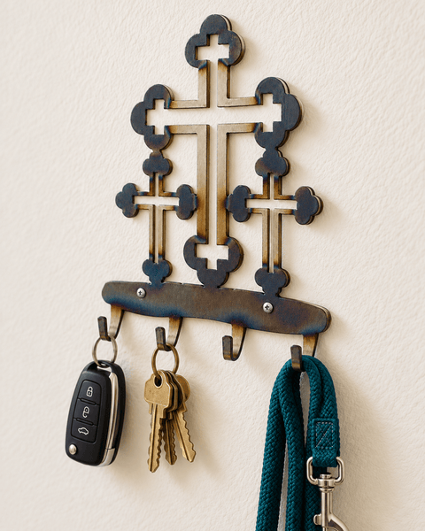 Handcrafted Cross Key Rack – Unique Heat-Treated Wood Hook Organizer | Made in USA Wall Decor Knights Home Decor  item