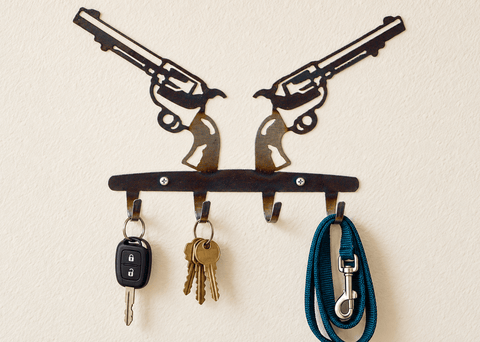 Western Revolvers Metal Key Rack – Rustic Wall Mount Organizer | Handmade Wild West Decor | Made in USA Knights Home Decor  item