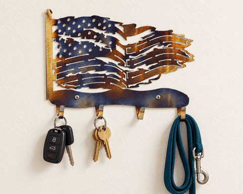Rustic Tattered American Flag Metal Key Rack – Patriotic Wall Organizer | Made in USA Knights Home Decor  item