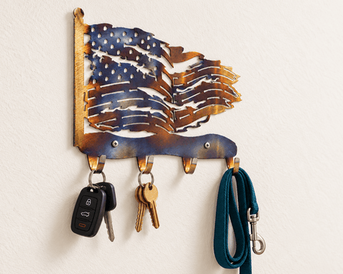 Rustic Tattered American Flag Metal Key Rack – Patriotic Wall Organizer | Made in USA Knights Home Decor  item