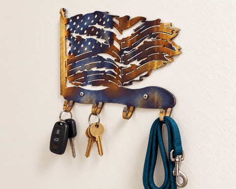 Rustic Tattered American Flag Metal Key Rack – Patriotic Wall Organizer | Made in USA Knights Home Decor  item