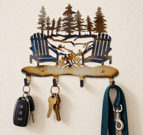 Rustic Campfire Metal Key Rack Wall Organizer – Adirondack Chairs Design | Made in USA Knights Home Decor  item