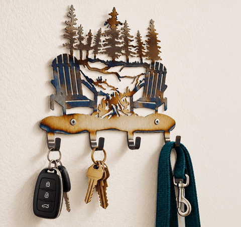 Rustic Campfire Metal Key Rack Wall Organizer – Adirondack Chairs Design | Made in USA Knights Home Decor  item
