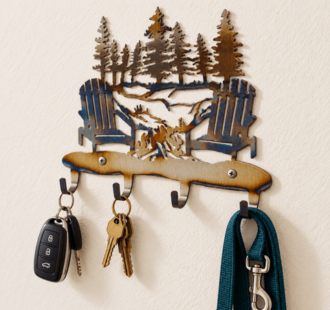Rustic Campfire Metal Key Rack Wall Organizer – Adirondack Chairs Design | Made in USA Knights Home Decor  item
