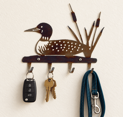 Rustic Loon Key Holder – Handmade Metal Wall Rack with Cattail Design | American Craft Made in USA Knights Home Decor  item