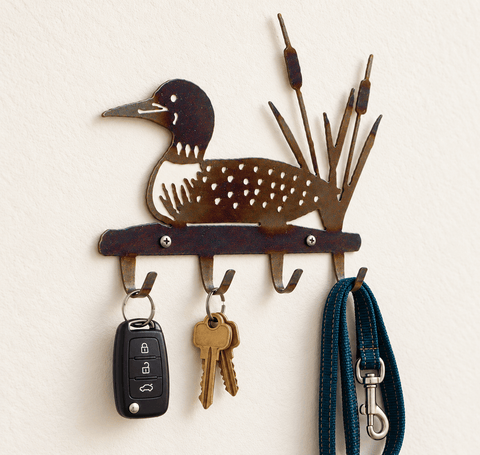 Rustic Loon Key Holder – Handmade Metal Wall Rack with Cattail Design | American Craft Made in USA Knights Home Decor  item