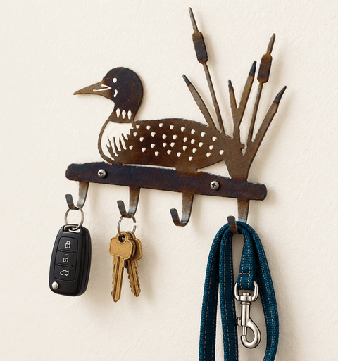 Rustic Loon Key Holder – Handmade Metal Wall Rack with Cattail Design | American Craft Made in USA Knights Home Decor  item