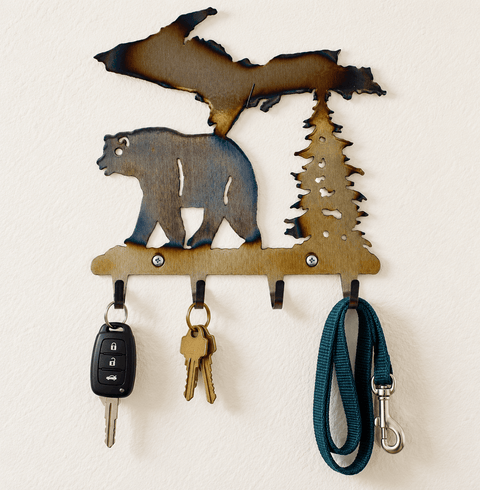 Upper Peninsula Bear Wall Hook Rack 4-Hook Rustic Metal Storage Organizer | Made in USA Knights Home Decor  item
