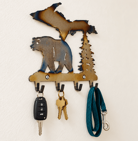 Upper Peninsula Bear Wall Hook Rack 4-Hook Rustic Metal Storage Organizer | Made in USA Knights Home Decor  item
