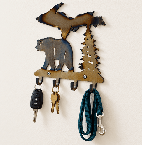 Upper Peninsula Bear Wall Hook Rack 4-Hook Rustic Metal Storage Organizer | Made in USA Knights Home Decor  item