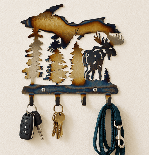 Rustic Upper Peninsula Moose Key Rack – Handmade Metal Wall Mount | Made in USA Home Decor Knights Home Decor  item