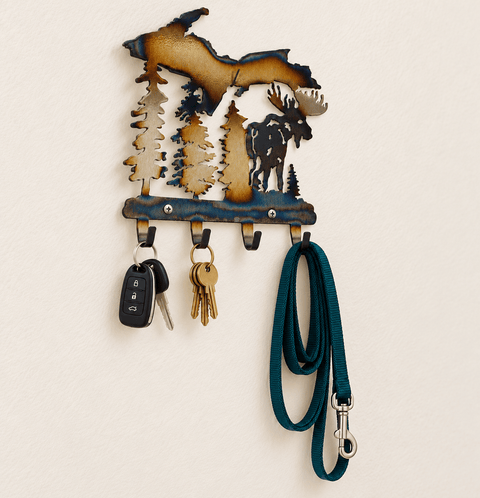 Rustic Upper Peninsula Moose Key Rack – Handmade Metal Wall Mount | Made in USA Home Decor Knights Home Decor  item