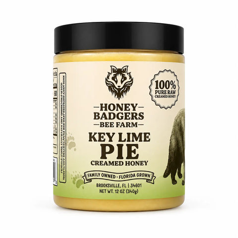 Key Lime Pie Creamed Honey 12 oz – Florida Citrus Spread – Honey Badgers Bee Farm | Made in USA Honey Badgers Bee Farm  Raw Honey