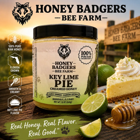 Key Lime Pie Creamed Honey 12 oz – Florida Citrus Spread – Honey Badgers Bee Farm | Made in USA Honey Badgers Bee Farm  Raw Honey
