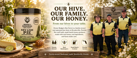 Key Lime Pie Creamed Honey 12 oz – Florida Citrus Spread – Honey Badgers Bee Farm | Made in USA Honey Badgers Bee Farm  Raw Honey