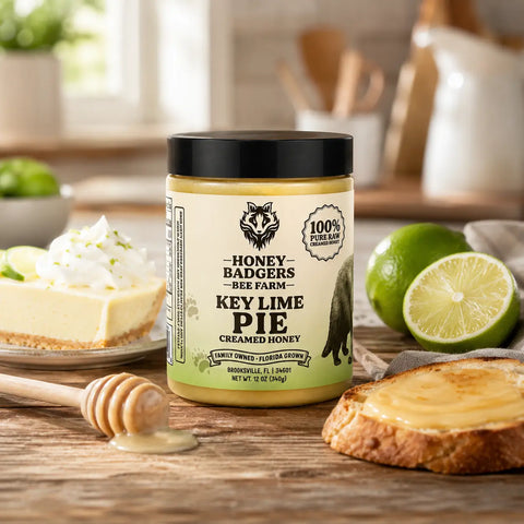Key Lime Pie Creamed Honey 12 oz – Florida Citrus Spread – Honey Badgers Bee Farm | Made in USA Honey Badgers Bee Farm  Raw Honey
