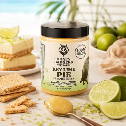 Key Lime Pie Creamed Honey 12 oz – Florida Citrus Spread – Honey Badgers Bee Farm | Made in USA Honey Badgers Bee Farm  Raw Honey