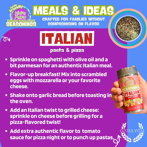 Kid's Italian Pasta And Pizza Seasoning 4.8 Oz – Kid Friendly Blend | Made In USA Gustus Vitae  Gourmet Seasonings