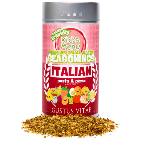 A container of Gustus Vitae Kid’s Menu: Italian: Pasta & Pizza Seasoning sits behind a small pile of the blend. The label is red with colorful cartoon vegetables and bold white and yellow text.