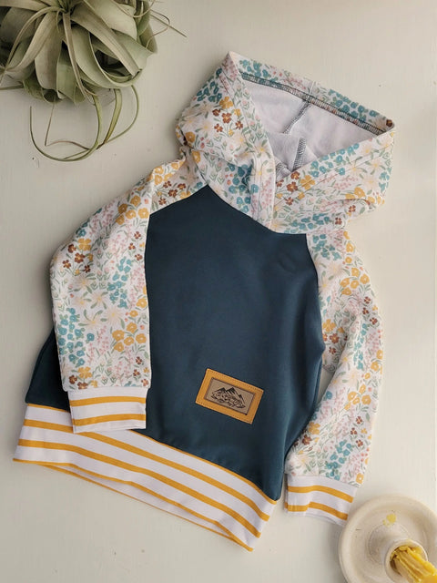 Kids Blue Gold Floral Hoodie - American Made Cotton Fabric Adventure Clothes Company  Kids Hoodie