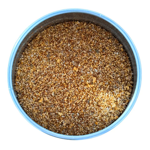 A round blue Gustus Vitae container of Kid’s Menu: Chicken - Tendies & Fries Gourmet Seasoning Mix, filled with finely ground brown and tan all-natural seasoning, viewed from above on a white background.