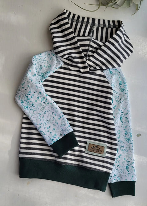 Kids Hoodie- Dark Grey Stripe, Teal Mini Floral Adventure Clothes Company  Kids Hoodie