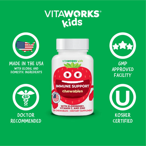 Kids Immune Support Chewable Vitamins with Elderberry and Zinc – 120 Count – Vitaworks | Made in USA VitaWorks  Chewable