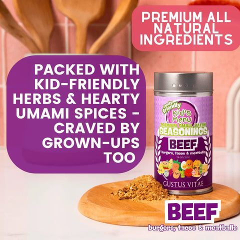 Kids Menu Beef Seasoning 7.5oz – Family Friendly Spice Blend | Made in USA Gustus Vitae  Gourmet Seasonings