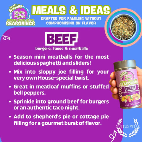 Kids Menu Beef Seasoning 7.5oz – Family Friendly Spice Blend | Made in USA Gustus Vitae  Gourmet Seasonings