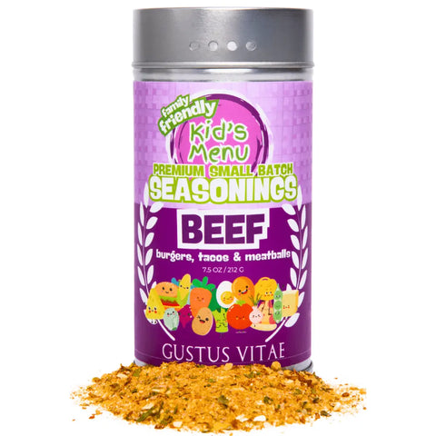 A purple canister of Gustus Vitae Kid’s Menu: Beef: Burgers, Tacos & Meatballs Seasoning sits among playful cartoon foods, with beef seasoning spilled at the base and a label promoting this all-natural blend for burgers, tacos, and meatballs.