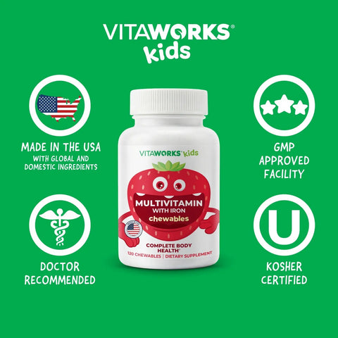 Kids Multivitamin Chewables 120 Count – Complete Body Health Supplement for Children | Made in USA VitaWorks  Chewable