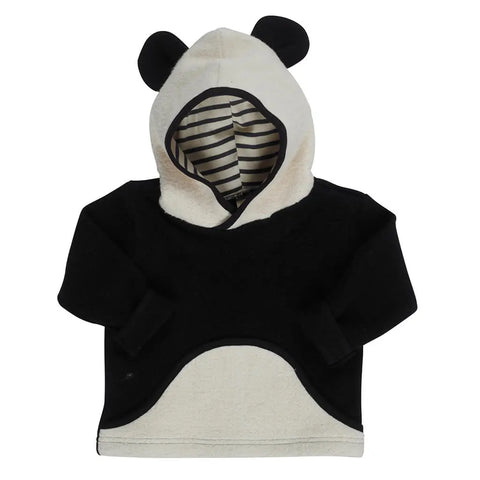 The Fleece Pullover Hoodie | Panda Bear by Spiritex | Sustainable Apparel is a black and white children’s hoodie with panda ears and a striped hood lining. Made in the USA for comfort and quality.