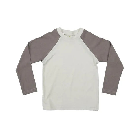 The Spiritex | Sustainable Apparel Long Sleeve Baseball Tee features a cream body and gray sleeves, made from organic cotton in the USA for comfort and style. Displayed flat on a white background.