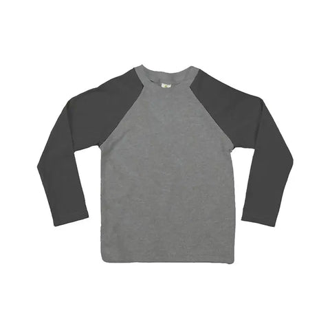 The Spiritex | Sustainable Apparel Long Sleeve Baseball Tee, made in the USA, features a light gray body with dark gray sleeves and is shown laid flat on a white background.