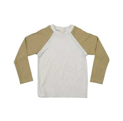 The Spiritex | Sustainable Apparel Long Sleeve Baseball Tee features beige sleeves and a white body, made in the USA, shown laid flat on a white background.