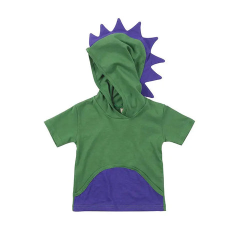 Spiritex | Sustainable Apparel Short Sleeve Dino Hoodie Tee: Green, features purple dinosaur spikes on the hood and a purple semicircle front, crafted from soft organic cotton for playful style.