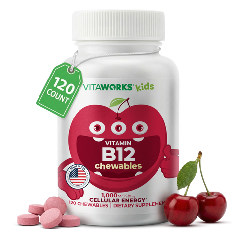 Kids Vitamin B12 Chewable Tablets 1000 Mcg – 120 Count Supplement for Cellular Energy | Made in USA VitaWorks  Chewable