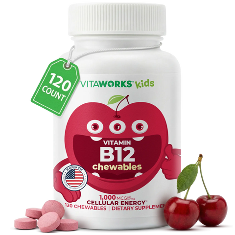 Kids Vitamin B12 Chewable Tablets 1000 Mcg – 120 Count Supplement for Cellular Energy | Made in USA VitaWorks  Chewable
