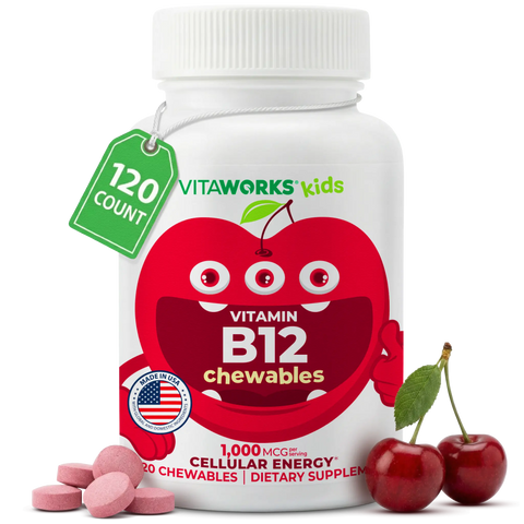 Kids Vitamin B12 Chewable Tablets 1000 Mcg – 120 Count Supplement for Cellular Energy | Made in USA VitaWorks  Chewable