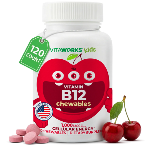 Kids Vitamin B12 Chewable Tablets 1000 Mcg – 120 Count Supplement for Cellular Energy | Made in USA VitaWorks  Chewable
