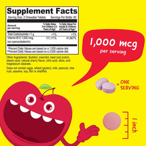 Kids Vitamin B12 Chewable Tablets 1000 Mcg – 120 Count Supplement for Cellular Energy | Made in USA VitaWorks  Chewable