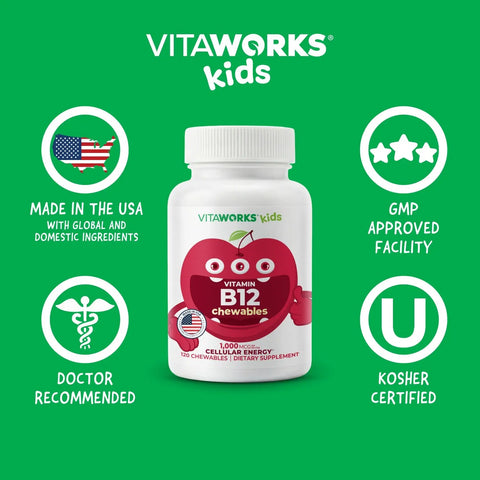 Kids Vitamin B12 Chewable Tablets 1000 Mcg – 120 Count Supplement for Cellular Energy | Made in USA VitaWorks  Chewable