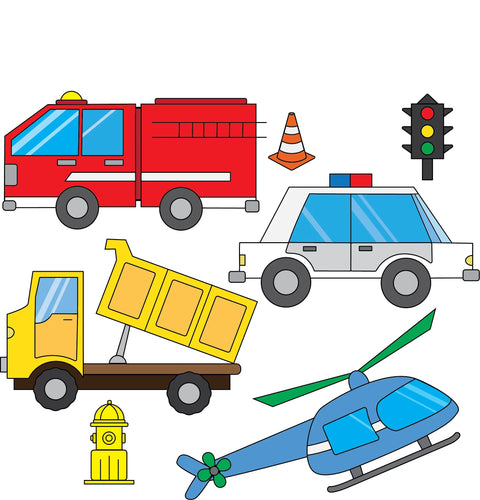 Kids Wall Decal – Colorful Emergency Vehicles Design | Made in USA Chatelet Manufacturing 