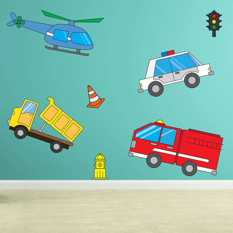 Kids Wall Decal – Colorful Emergency Vehicles Design | Made in USA Chatelet Manufacturing 