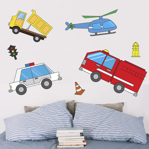 Kids Wall Decal – Colorful Emergency Vehicles Design | Made in USA Chatelet Manufacturing 