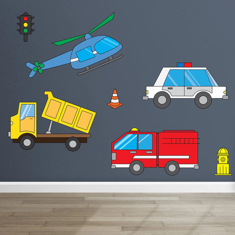 Kids Wall Decal – Colorful Emergency Vehicles Design | Made in USA Chatelet Manufacturing 