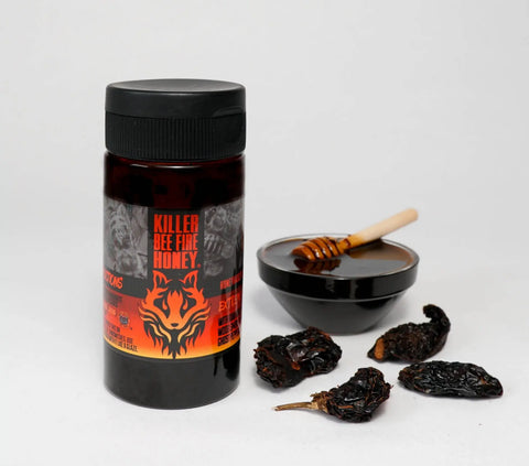 Killer Bee Fiery Hot Honey Sauce – All Natural Spicy Honey Glaze with Bhut Jolokia Peppers | Made in USA Honey Badgers Bee Farm  Hot Honey