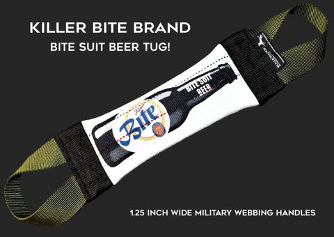 The Killer Bite Suit Beer Fire Hose Training Tug by Bulletproof Pet Products Inc features a beer bottle-shaped Bite Suit Beer print, black edges, and military green handles—ideal as durable dog training equipment. Shown on a dark background.