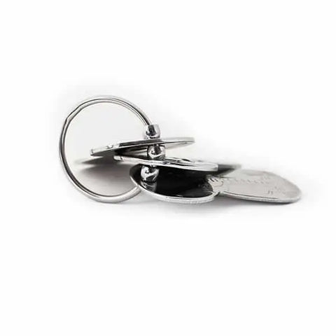 A close-up of Kleynimals – Clean Key Animals® by Kleynimals: several shiny, flat, circular stainless steel toy keys on a metal key ring, shown against a white background.
